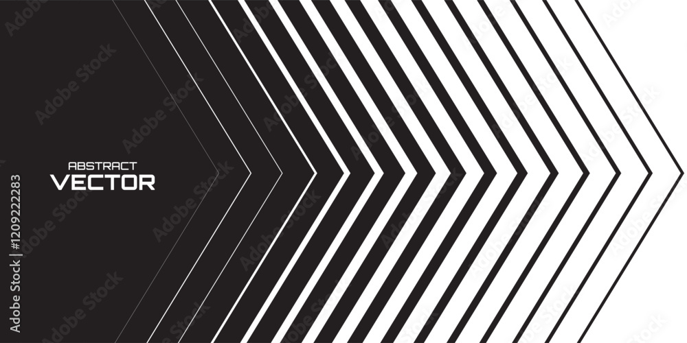Poster Minimal Black and White Background with Arrow Pointing Right. Striped Transition from Black to White Abstract Strict Lines. Simple Pattern. Vector Illustration.