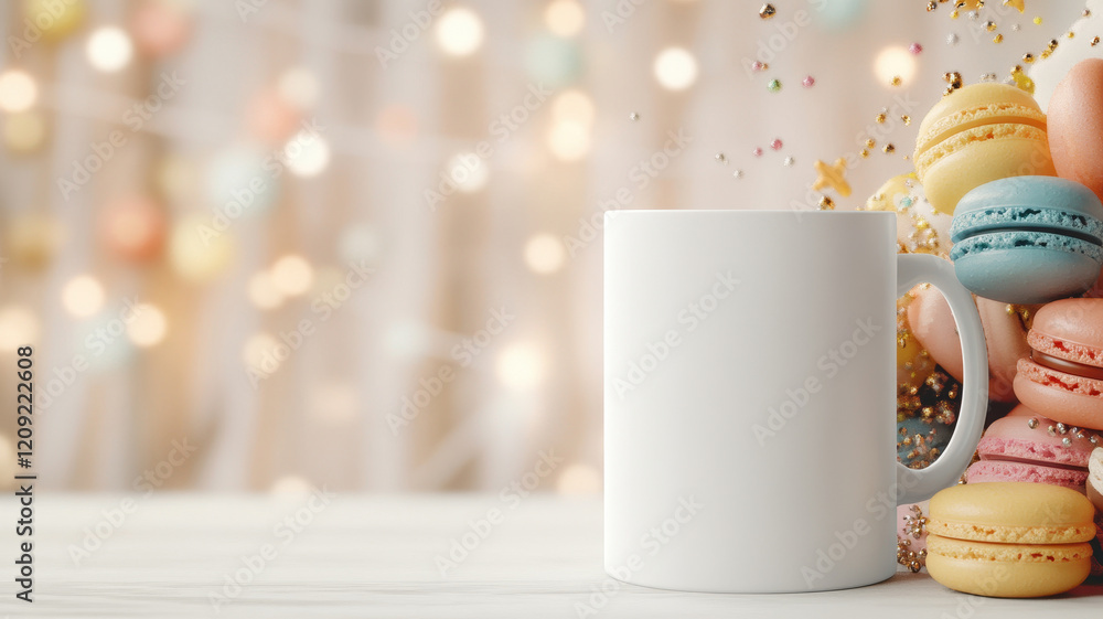 Poster blank white mug is placed near colorful macarons, creating cheerful and inviting atmosphere. backgro
