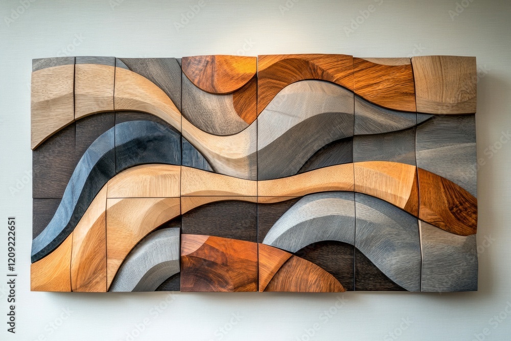 Poster Interlocking pieces of wooden art create a mesmerizing visual display on a wall, showcasing a blend of natural tones and organic patterns that capture attention