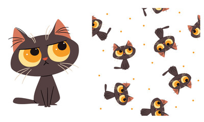 Vector set for printing on children's products. Cute black cat with big eyes, stars, printable print and seamless vector pattern . Vector illustration