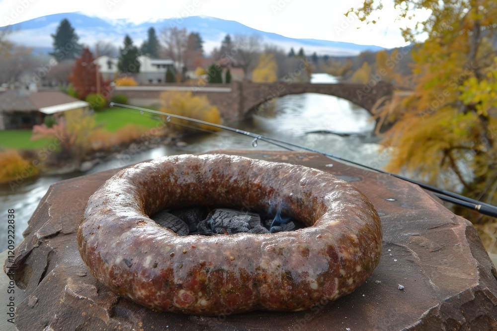 Poster a rustic view featuring a circular stone structure on a ledge, overlooking a picturesque river and b