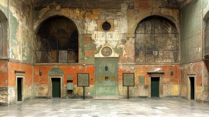 Fototapeta premium Interior view of an ancient grand hall featuring weathered orange and green plaster walls, arched windows, and a polished marble floor.
