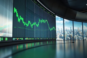 A stock market graph with a green upward trendline, displayed on a curved monitor in a high-tech trading room.