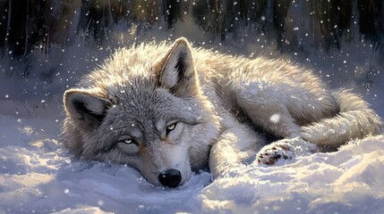 Fototapeta premium A tired wolf resting by itself in the snow, its fur matted and eyes heavy with sadness