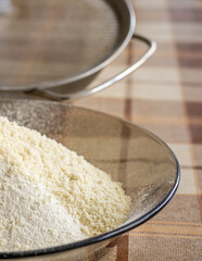 white and almond flour mix in a plate close-up