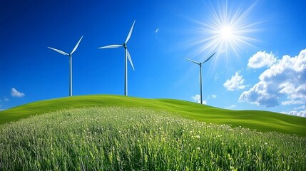 Fototapeta premium Wind turbines standing tall in a green field under a bright blue sky 