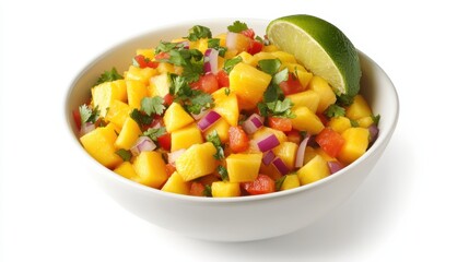 A bowl of vibrant mango salsa with diced mango, red bell pepper, red onion