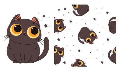 Vector set for printing on children's products. Cute black cat with big eyes, stars, printable print and seamless vector pattern . Vector illustration