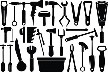 Carpenter tools silhouettes set in flat style isolated on white background