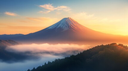 Breathtaking sunrise over a majestic mountain peak surrounded by mist, capturing divine grandeur