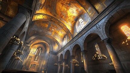 Church interior, golden mosaics, sunlight, arched ceiling, religious worship