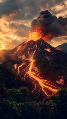 Volcanic eruption. Left, fire and smoke erupt from the crater.