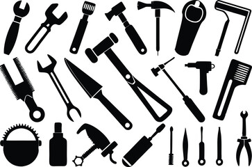 Carpenter tools silhouettes set in flat style isolated on white background