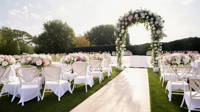 Pan right video, camera across beautifully set outdoor ceremony space, white chairs, floral accents, soft natural light, serene atmosphere