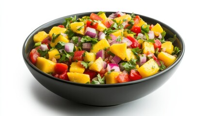 A bowl of vibrant mango salsa with diced mango, red bell pepper, red onion