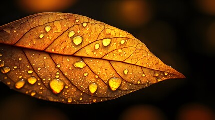 Close up of orange autumn leaf with water drops