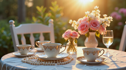 Fototapeta premium Charming tea party setup on sun-drenched patio, elegant ambiance