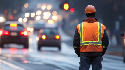 A road construction worker standing too close to traffic without a protective barrier or reflective gear, with cars speeding by, creating a dangerous roadside hazard