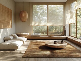 Modern Minimalist Living Room with Beige Sofa Cozy Decor Natural Light and White Walls by Fireplace