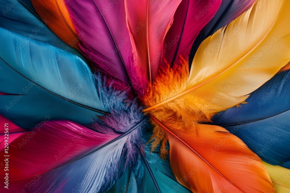 Poster an artistic display features an array of colorful feathers meticulously arranged in a radial pattern