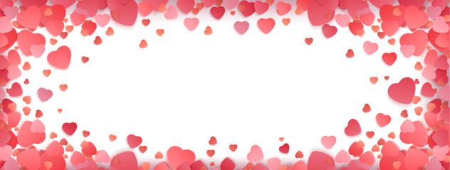 Transparent pink heart shapes border frame on white background. Multiple romantic symbols scattered along edges creating delicate Valentine day design. Rose elements pattern for greeting cards.