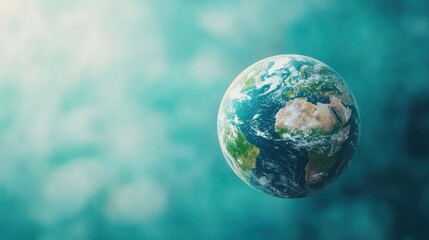 Green Earth encircled by icons of wind turbines and solar panels