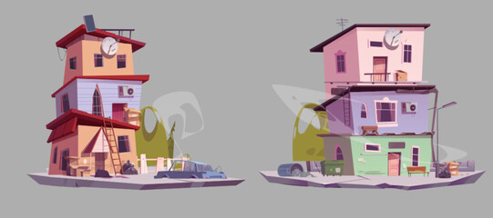 Cartoon multistorey abandoned buildings with rundown elements. Antenna, broken stairs, old cars and scattered trash near structures. Game environment assets with urban ghetto decay on platform.