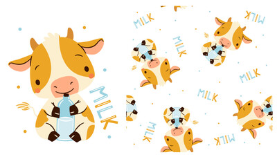 Obraz premium Vector set for printing on children's products. Cute calf holding a bottle of milk, Milk lettering, printable print and seamless vector pattern . Vector illustration
