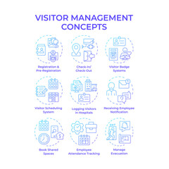 Visitor management blue gradient concept icons. Access control, alert notification. Safety, security. Icon pack. Vector images. Round shape illustrations in infographic, presentation. Abstract idea