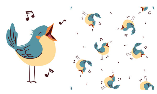 Vector set for printing on children's products. Cute singing bird with notes, printable print and seamless vector pattern . Vector illustration