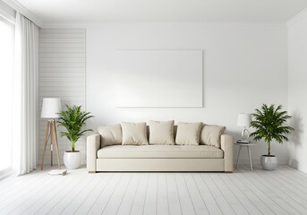 Interior Living Room, Empty Wall Mockup In White Room With Slatted Wood Panels, Beige Sofa And Decorations, 3d Render Real Room Template