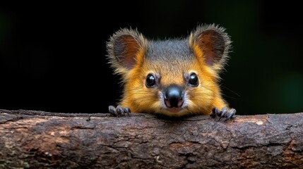 Obraz premium Curious tree-climbing rodent peeking from log, rainforest background, wildlife photography