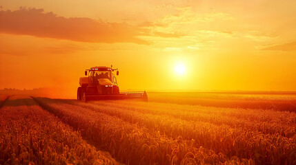 Fototapeta premium Photo - Golden Hour Harvest - Tractor in Wheat Field at Sunset