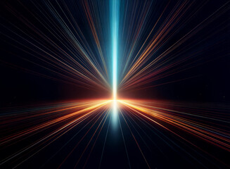 Obraz premium A vibrant beam of light pierces the darkness, emanating from a bright core. Streaks of color radiate outwards, creating a dynamic, energetic composition. The image evokes feelings of speed, power, an