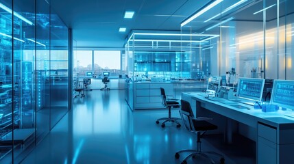 Fototapeta premium A sleek, 3D sci-fi laboratory with transparent walls, glowing consoles, and advanced technology at work, creating an atmosphere of innovation and discovery.