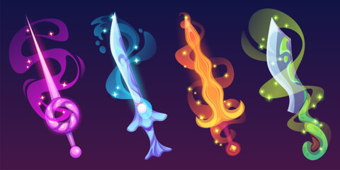 Magical glowing swords set with mystical smoke. Fantasy weapons collection in pink, blue, fiery orange, green colors with sparkle effect. Enchanted blades with swirling energy trail for game ui design