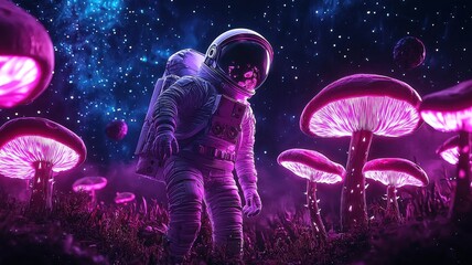 Obraz premium Astronaut exploring a surreal landscape of glowing mushrooms under a starry sky.