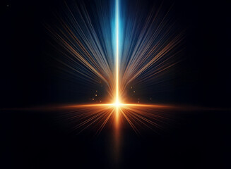 A vibrant beam of light pierces the darkness, emanating from a bright central point, creating a mesmerizing light show with radiating beams.  The contrasting colors and sharp lines evoke a sense of sp
