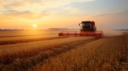 Fototapeta premium Photo: Golden Sunset Harvest - Combine in Wheat Field