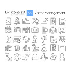 Visitor management linear icons set. Personal information, privacy. Surveillance tracking, monitoring. Customizable thin line symbols. Isolated vector outline illustrations. Editable stroke