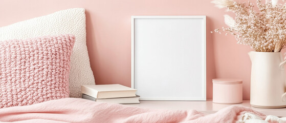 cozy bedside scene featuring blank white frame, soft pink pillows, and decorative elements. warm tones create serene atmosphere perfect for relaxation
