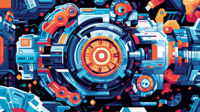 Abstract Futuristic Machine: A vibrant artwork depicting intricate machinery with bold colors and dynamic shapes