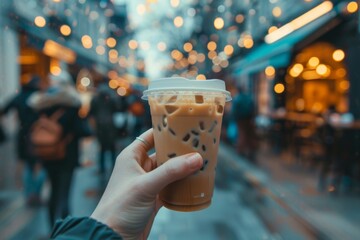 hand holding a glass of coffee on street