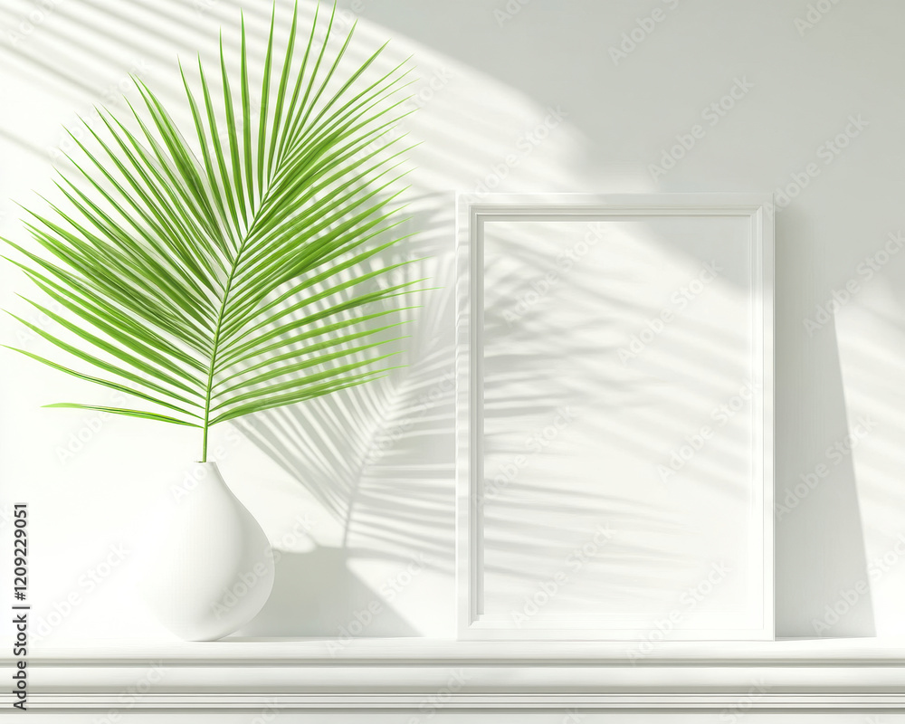 Aufkleber blank white frame mockup on shelf with green palm leaf in vase, creating serene and modern atmospher