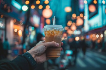 hand holding a glass of coffee on street
