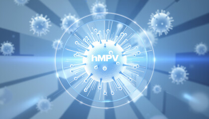 hMPV virus within an acrylic ring, Projecting outward from the center.