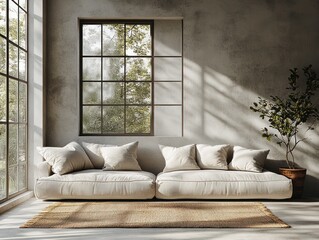 Obraz premium Minimalist Living Room Interior with Soft Grey Sofa Natural Light and Large Windows