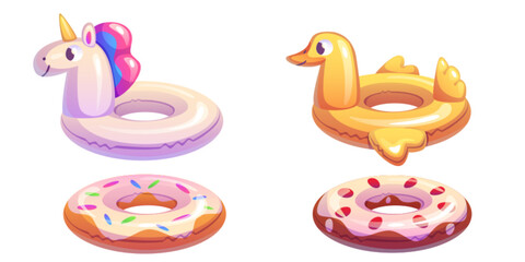 Inflatable rings set isolated on white. Vector cartoon illustration of inflated rubber toys for swimming pool or summer beach, color unicorn, yellow duck, sweet donut shape lifebuoy, kids accessories