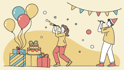 Happy birthday, celebration, gift, line illustration, vector illustration