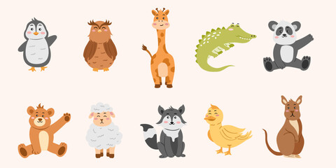 Set of Flat Cute Animal Collection Vector Illustration. Cartoon Style Hand-Drawn Animals for Kids and Fun Designs. Fun and Playful Animal Set Vector Illustrations